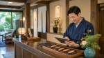 小規模な宿の受付で到着案内をタブレットで整える宿主